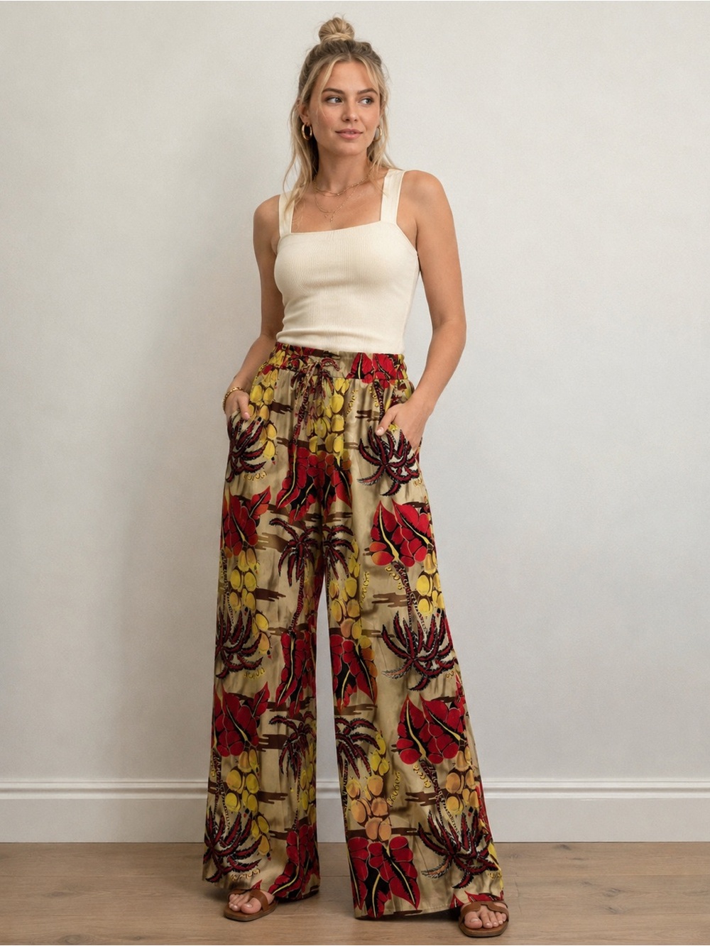 Tropical Wide-Leg Pants in Red, Yellow & Cream